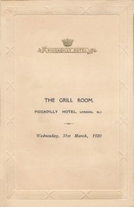 Ein Menü für den Grill Room des Piccadilly Hotels, London, 1920 von Unbekannt