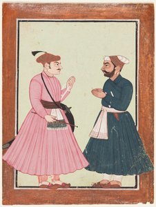 Ein Adliger, wahrscheinlich Raja Gaur Sen, empfängt einen anderen Adligen, ca. 1700-20