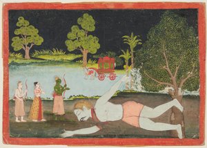 Eine Seite aus einem Ramayana: Rama, Lakshman und Sita vor einem erschlagenen Riesen, ca. 1770