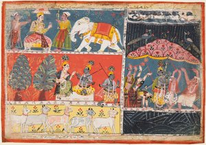 Eine Seite aus dem Bhagavata Purana: Indra schickt einen Regenschauer, Krishna hebt den Berg Govardhana, 1686