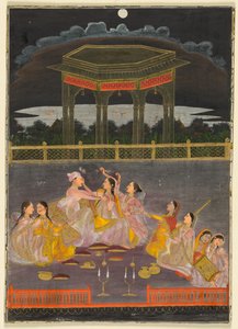Ein Prinz feiert Holi mit Palastfrauen auf einer Terrasse bei Nacht, um 1760