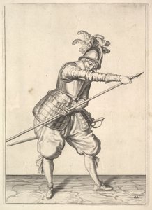 Ein Soldat, der seine rechte Hand entlang der Trainingslanze gleiten lässt, aus der Lansquenets-Serie, Platte 2 von Unbekannt