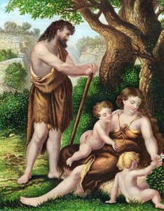 Adam und Eva mit ihren Söhnen, Kain und Abel, ruhen in der Wildnis, ca. 1860