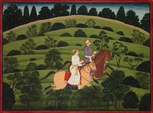 Akrura reitet nach Dwarka, Seite aus dem großen Basohli Bhagavata Purana, um 1760-1765 von Unbekannt