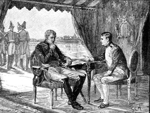 Alexander I. von Russland und Napoleon I. Bonaparte von Frankreich in Tilsit von Unbekannt
