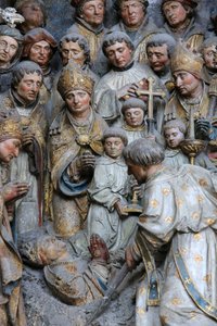 Amiens Übersetzung der Reliquien von St. Firmin. Ausgrabung der Überreste des Märtyrers. Detail der Geschichte von St. Firmin über dem liegenden Adrien Henencourt. Kathedrale von Amiens, Amiens, Frankreich von Unbekannt