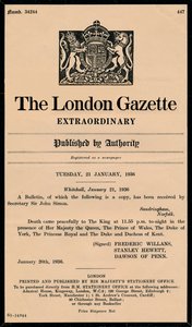 Ein außergewöhnliches Bulletin der London Gazette, das den Tod von König Georg V. ankündigt