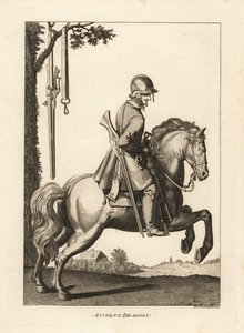 Alter Dragoner zu Pferd mit Helm, Muskete und Pulverhorn