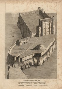 Antike Befestigung: Verlies 1, Kapelle 2, Stall 3, innerer Burghof 4, äußerer Burghof 5, Barbakane 6, Berg 7 und Soldatenunterkünfte 8 von Unbekannt