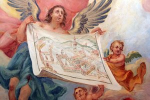 Engel mit einem Plan der Abtei Heiligenkreuz. Heiligenkreuzer Abtei, Wien, Österreich