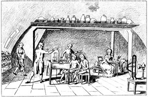 Antoine Laurent Lavoisier, französischer Chemiker des 18. Jahrhunderts, untersucht die Atmung