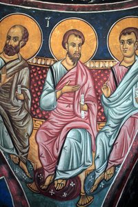Darstellung der Apostel um Christus und das Jüngste Gericht Detail des byzantinischen Freskos aus dem Narthex-Gewölbe der Kirche von Asinou Jüngstes Gericht Szene 14. Jahrhundert (1332) UNESCO-Weltkulturerbe Troodos-Region, Zypern