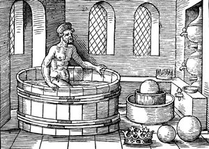 Archimedes, ca. 287-212 v. Chr., antiker griechischer Mathematiker und Erfinder, in seinem Bad von Unbekannt