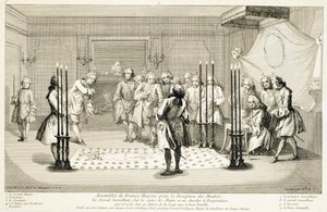 Versammlung der Freimaurer vor der Einweihung eines Meisters, ca. 1733
