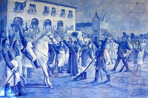 Azulejo-Mosaik, das die Menschen von Cachoeira zeigt, die Prinz Pedro zujubeln, der Brasilien zur Unabhängigkeit führte, Cachoeira, Brasilien