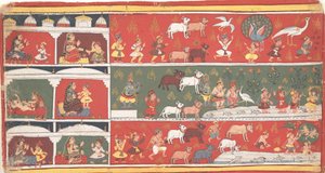 Bakasura, der Kranichdämon, kommt in Brindavan an... ein verstreutes Bhagavata Purana..., ca. 1700