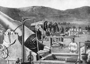 Batterie japanischer Belagerungsgeschütze bombardiert Port Arthur, Russisch-Japanischer Krieg von Unbekannt