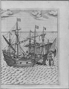 Schlacht zwischen Francis Drakes Schiff Golden Hind und dem spanischen Schiff Cacafuego. Von Levinus Hulsius