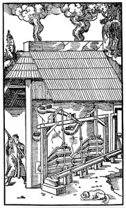 Blasebälge, die Zugluft zu einem Schmelzofen liefern, 1556 von Unbekannt