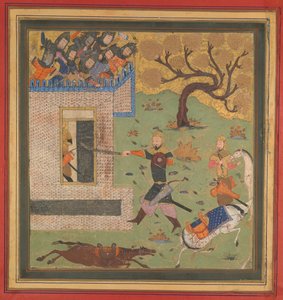 Bizhan zwingt Farud, sich in seine Festung zurückzuziehen, Folio aus einem Shahnama Buch der Könige, ca. 1430-40