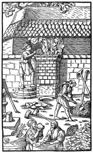 Hochofen zur Eisenerzverhüttung, 1556 von Unbekannt