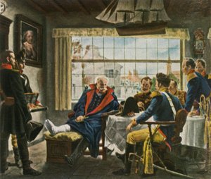 Blücher nimmt Napoleons Medaillen und Hut nach Waterloo in Besitz, 18. Juni 1815