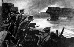 Britische Truppen am Flussufer, bereit für den deutschen Vormarsch, Belgien, Erster Weltkrieg, 1914