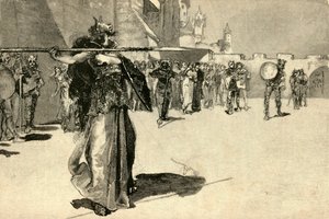Brunhild, die Kriegerkönigin, schleudert ihren Speer auf Gunthers Schild von Unbekannt