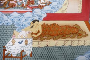 Buddhas Mutter träumt von einem weißen Elefanten. Thangka, Bhaktapur, Nepal