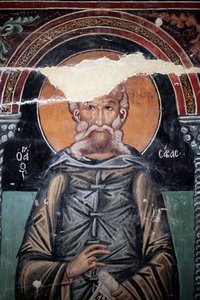 Byzantinisches Fresko aus dem 15. Jahrhundert (Detail) Heiliger Sabas Wandmalerei Michael Erzengel Kapelle, Dorf Galata Zypern Bemalte Kirchen UNESCO-Stätte Troodos, Zypern