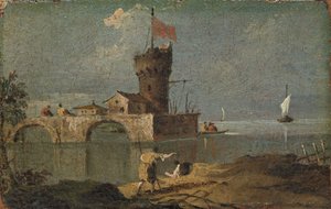 Capriccio mit einem runden Turm, zwei Häusern und einer Brücke, 18. Jahrhundert
