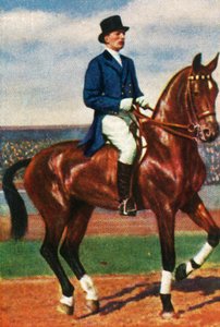 Carl von Langen aus Deutschland auf seinem Pferd Draufgänger, 1928