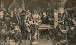 Caxton zeigt das erste Exemplar seines Drucks König Edward IV. in Westminster, um 1477