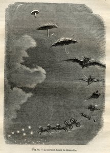 Himmlische Metamorphose: Der Traum eines jungen Mädchens, das den Mond betrachtet, der sich in einen Pilz, Regenschirm, Fledermaus... und schließlich in einen Tank des Großen Bären verwandelt (letzte Zeichnung von Jean-Isidore Gerard, genannt J.J. Grandvil