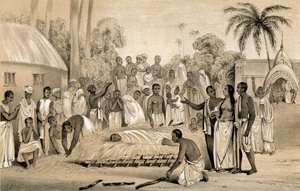 Zeremonie der Verbrennung einer hinduistischen Witwe mit dem Leichnam ihres verstorbenen Mannes, 1847
