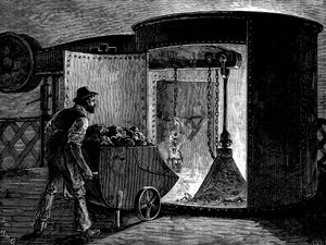 Beschickung eines Hochofens in den Govan Iron Works, Schottland, ca. 1885 von Unbekannt