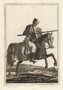 Angreifender Ritter des 12. und 13. Jahrhunderts in Kettenhemd, flachem Helm, Lanze, Heaterschild, Schienbeinrüstung, Kriegssattel von Unbekannt