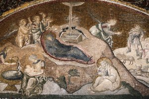 Chora-Kirche Museum: Geburt Jesu Mosaik (Maria ruht nach der Geburt, Joseph sitzt), Istanbul, Türkei