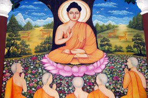 Chua Tu Quang buddhistischer Tempel. Shakyamuni Buddha predigt die Lehre - das Rad des Gesetzes - seinen fünf Jüngern. Vung Tau. Vietnam. von Unbekannt
