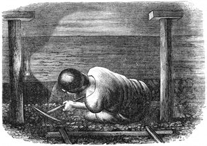 Kohlebergarbeiter in einem engen Flöz, um 1864