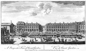 Covent Garden, London, mit Ständen im Zentrum des Platzes, 1753