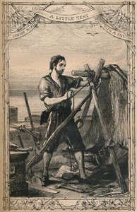 Crusoe baut ein kleines Zelt mit einem Segel, ca. 1870 von Unbekannt