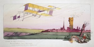 Anfänge der Luftfahrt: Maurice Farman (1878-1964) in seinem Doppeldeckerflugzeug mit einem Renault-Motor während des Rennens "Voyage de Bac à Chartres", ca. 1910 von Unbekannt