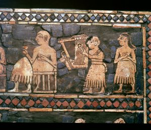 Detail der Standarte von Ur, zeigt einen sumerischen Harfenspieler und einen Herrscher, ca. 2600-2400 v. Chr.