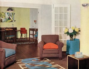 Esszimmer und Lounge in einer rekonstruierten Londoner Wohnung für Mrs. Harry Ewbank im Bryanston Court