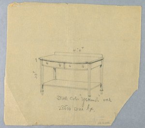 Zeichnung, Entwurf für einen Serviertisch mit zwei Schubladen und konvexer Front, 1900–05