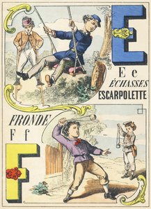 E F: echasses, escarpolette, fronde - Spiele Alphabet, ca. 1890 von Unbekannt