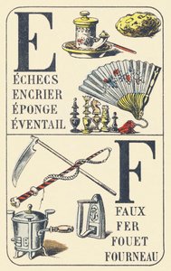 E F: echecs, encrier, eponge, eventail, faux, fer, fouet, fourneau - ABC der gebräuchlichen Dinge. Pellerin & Cie, Drucker-Verleger, Epinal, um 1890
