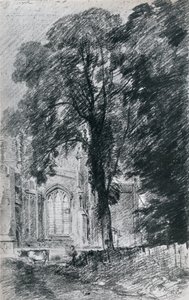 East Bergholt Kirche: Teil des Westendes hinter einer Gruppe von Ulmen, 1812, 1925
