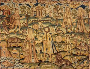 Stickereipanel mit Menschen, Blumen, Insekten, Fischen und Tieren, 17. Jahrhundert